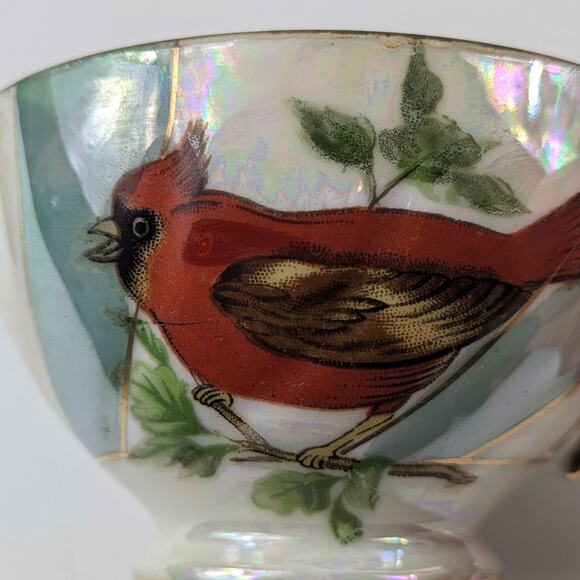 Red Cardinal Lusterware Teacup Japan Gold White Blue Pinwheel Bone China Gift - Picture 7 of 13